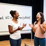 **A diverse group of people on stage, laughing and engaged in an improv scene. The setting is a brightly lit improv workshop, with a whiteboard in the background displaying the phrase "Yes, and..."** (This image represents the core concept of improv and active participation.)