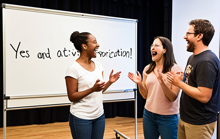 **A diverse group of people on stage, laughing and engaged in an improv scene. The setting is a brightly lit improv workshop, with a whiteboard in the background displaying the phrase "Yes, and..."** (This image represents the core concept of improv and active participation.)